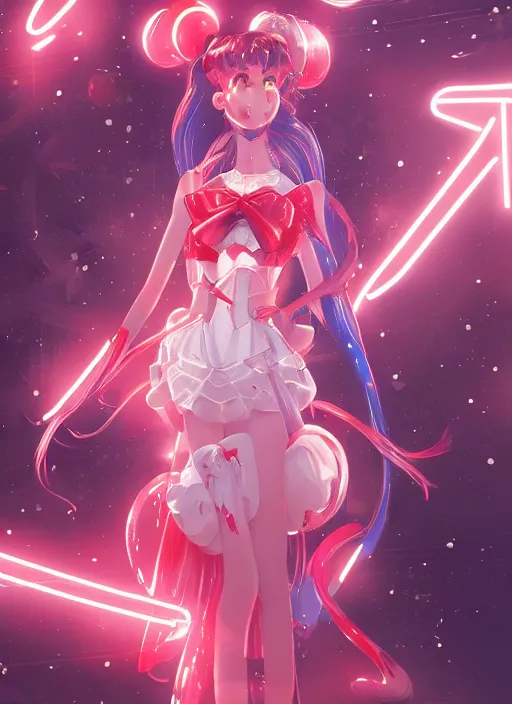 Prompt: sailor moon possing, fluent composition, red and white neon, concept art, ambient light, 4 k, intricate details, highly professionally detailed, cgsociety, highly detailed -