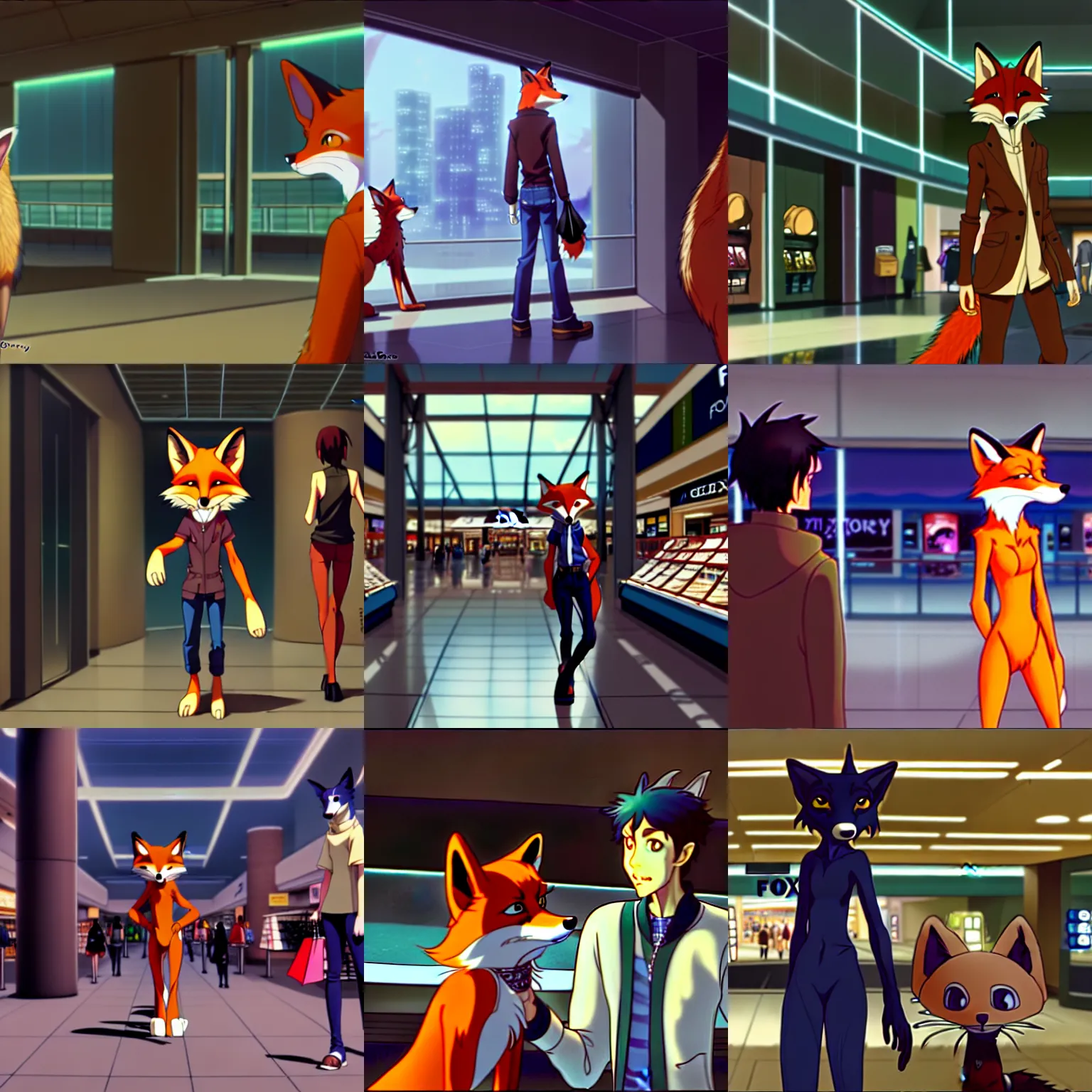 Prompt: an anthropomorphic furry ( fox ) shopping at a futuristic mall, photorealistic, anime, makoto shinkai, james gurney, don bluth, hibbary, dark natasha, goldenwolf, furaffinity