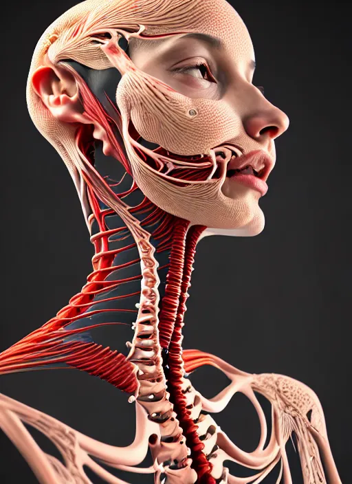 Prompt: portrait photography of a beautiful woman , natural color skin, complex 3d render ultra detailed of a beautiful porcelain profile woman, bust with a very long neck and Mandelbrot fractal face, Mandelbrot fractal skin, flesh, anatomical, facial muscles, veins, arteries, elegant, highly detailed, flesh highly baroque ornate, hair are wired cables, biomechanical cyborg, analog, 150 mm lens, beautiful soft light, fine cyborg lace, Alexander Mcqueen high fashion haute couture, art nouveau fashion embroidered, steampunk, intricate details, mesh wire, mandelbrot fractal intricate ornament, anatomical elegant, hyper realistic, ultra detailed, octane render, H.R. Giger style, volumetric lighting, 8k post production