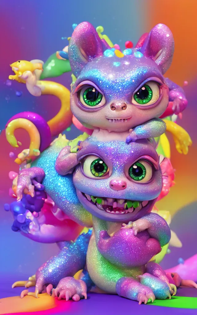 Prompt: a cute baby dragon, big eyes, pixar animation style, soft fur, by jeff koons, by lisa frank, octane render, by takashi murakami, toy, glitter, sparkly, colorful, spectral color, 5 d, ultra - hd, happy, good, mini, volumetric lighting