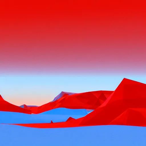 Prompt: tundra landscape with giant red low-poly structures floating in the sky