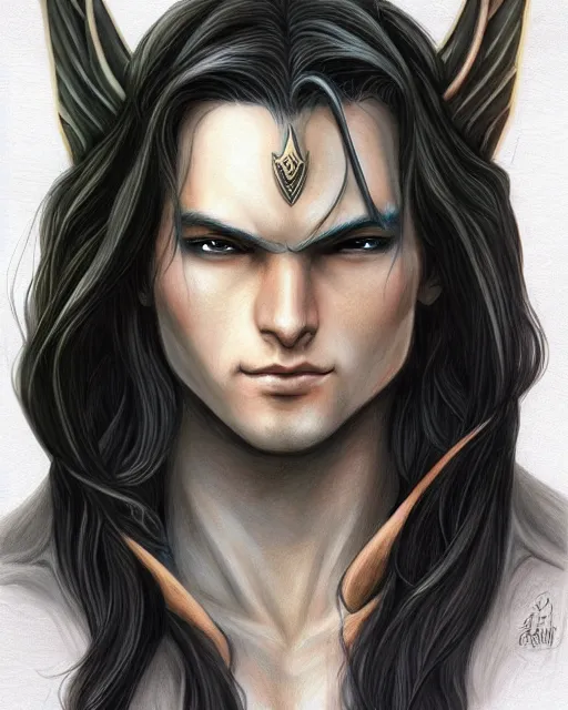 Prompt: multicolor drawing of elven boy mage with long black hair by artgerm city fantasy 4 k ultra high resolution