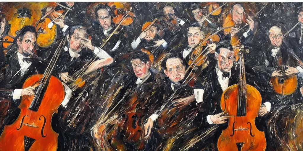 Image similar to an ultra detailed oil painting which interprets the harmony of a symphony, instruments, orchestra, sheet music, pierre soulages, jackson pollock, triadic color scheme