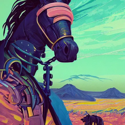 Image similar to a graph style gauche impasto, the horse is not mine, steampunk art by james gilleard, cgsociety, retrofuturism, synthwave, retrowave, outrun, hyper realistic.