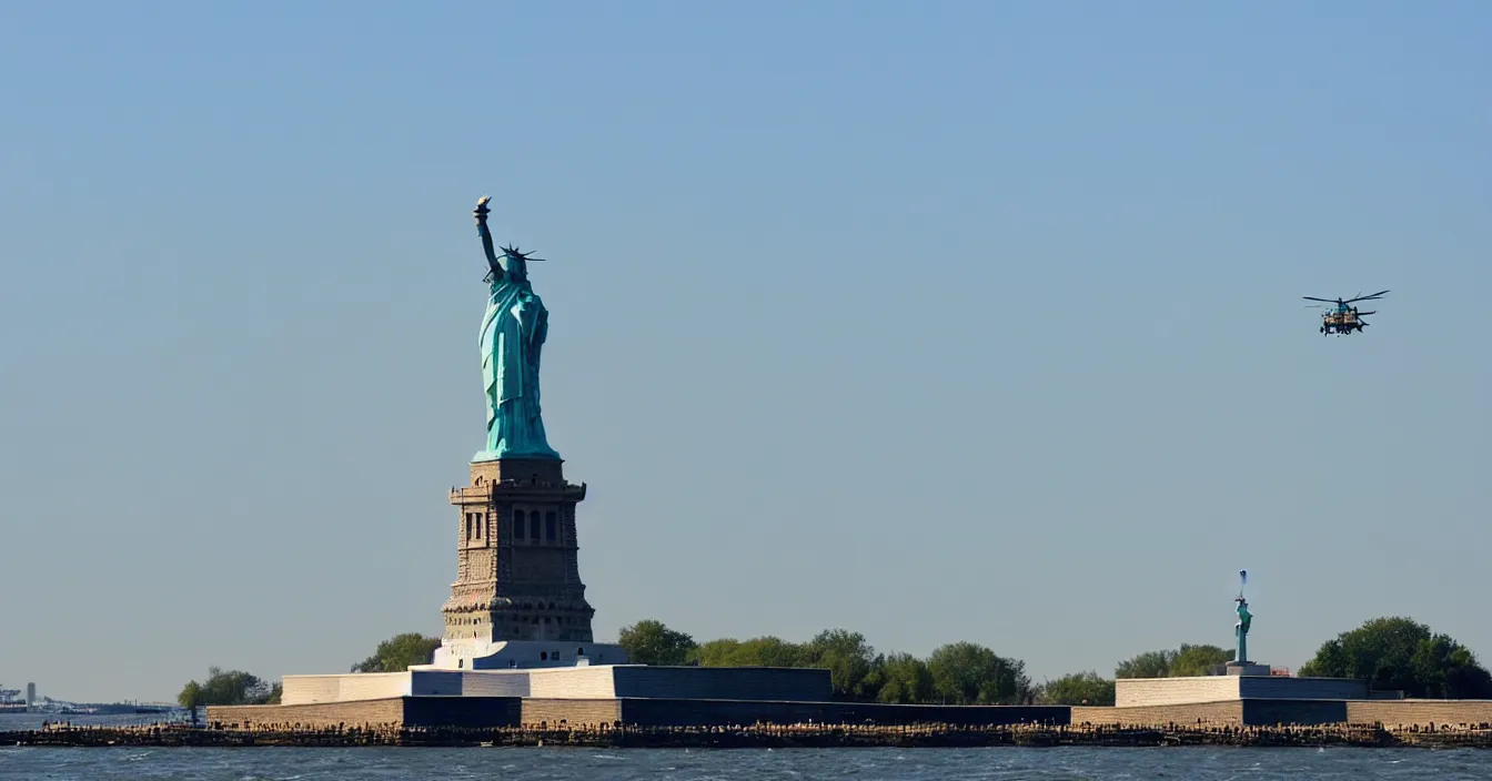 Prompt: the statue of liberty is riding chopper