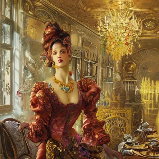 Image similar to Neo Rococo Expressionist, orientalism, diffuse lighting, fantasy, intricate, elegant, highly detailed, lifelike, photorealistic, digital painting, artstation, illustration, concept art, smooth, sharp focus, The City of Lisbon in a luxurious lavish cake shop, art by John Collier and Albert Aublet and Krenz Cushart and Artem Demura and Alphonse Mucha