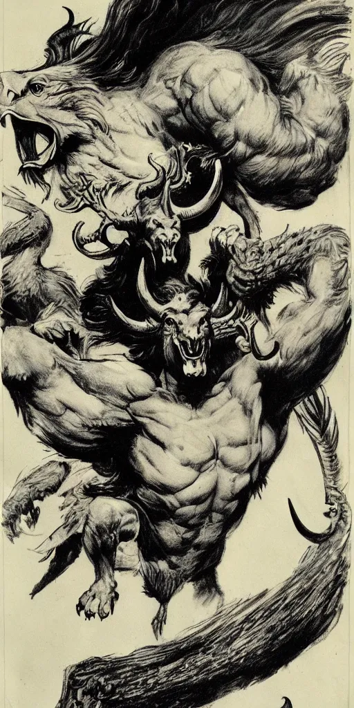 Image similar to a creature with the body and eyes of a man, with the beak of an eagle, the mane of a lion, and the horns of an ox. drawn by frank frazetta