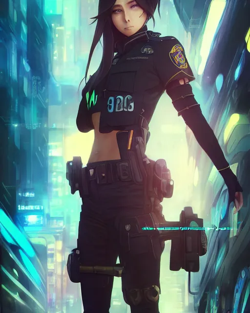 Prompt: anime key visual of a young female police officer, neon, cyberpunk, futuristic, stunning, highly detailed, digital painting, artstation, smooth, soft focus, rule of thirds, illustration, art by artgerm and greg rutkowski and alphonse mucha