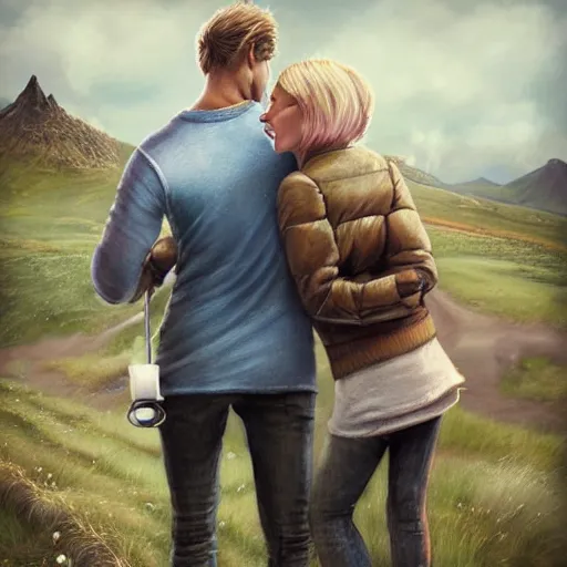 Prompt: a highly detailed side portrait of a young couple from the side, holding a tin can, remote icelandic village, summer, jeans and t shirt, blonde hair, muted colors, by tom bagshaw, trending on artstation,