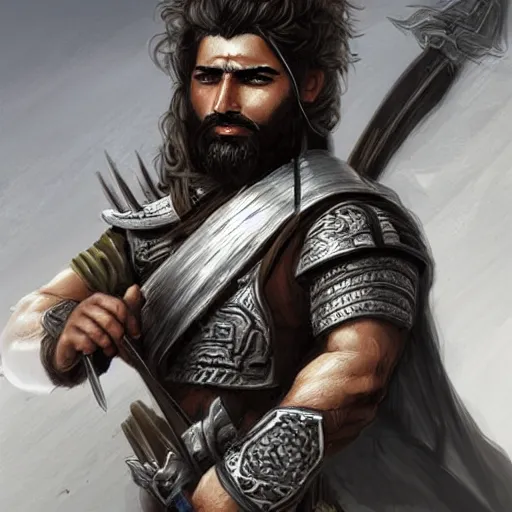 Image similar to kurdish male warrior, highly detailed, digital painting, artstation, concept art, sharp focus, illustration, incredibly strong and handsome