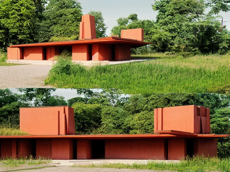 Prompt: hyperrealism colour design by frank lloyd wright and kenzo tange and hayao miyazaki photography from 5 point of perspective of beautiful detailed small solarpunk house with many details in small detailed ukrainian village designed by taras shevchenko and wes anderson and caravaggio, wheat field behind the house, around the forest volumetric natural light