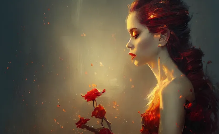 Image similar to a painting of jasmine trending on artstation in the style of greg rutkowski, beautiful, sensual, flower, portrait, adorable, alter, hell, fire hair, fire