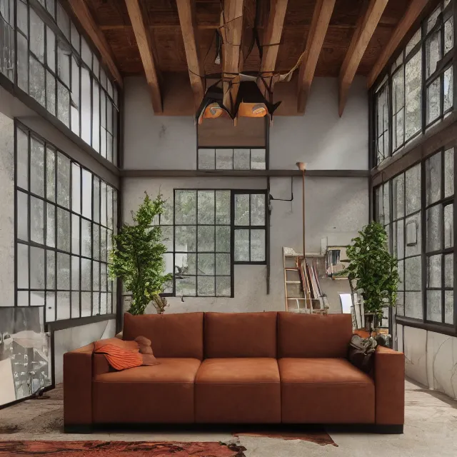 Image similar to post and beam a - frame interior, tall ceilings and loft, caramel leather couch, bookshelf, vintage refrigerator and kitchen, large window in back with fall foliage, many plants hanging, marble countertops, spiral staircase, realistic, unreal engine render, octane render, hyper realistic, photo, 8 k