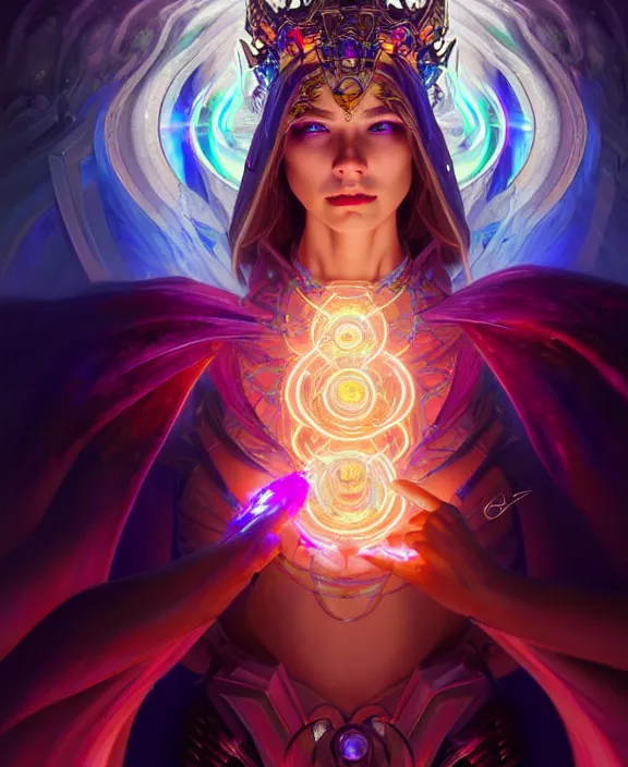 Image similar to a whirlwind of souls rushing inside the metaverse, half body, glowin eyes, tiara with sapphire, pharaoh, android, cyberpunk, d & d, fantasy, intricate, elegant, highly detailed, colorful, vivid color, digital painting, artstation, concept art, art by artgerm and greg rutkowski and alphonse mucha and ruan jia