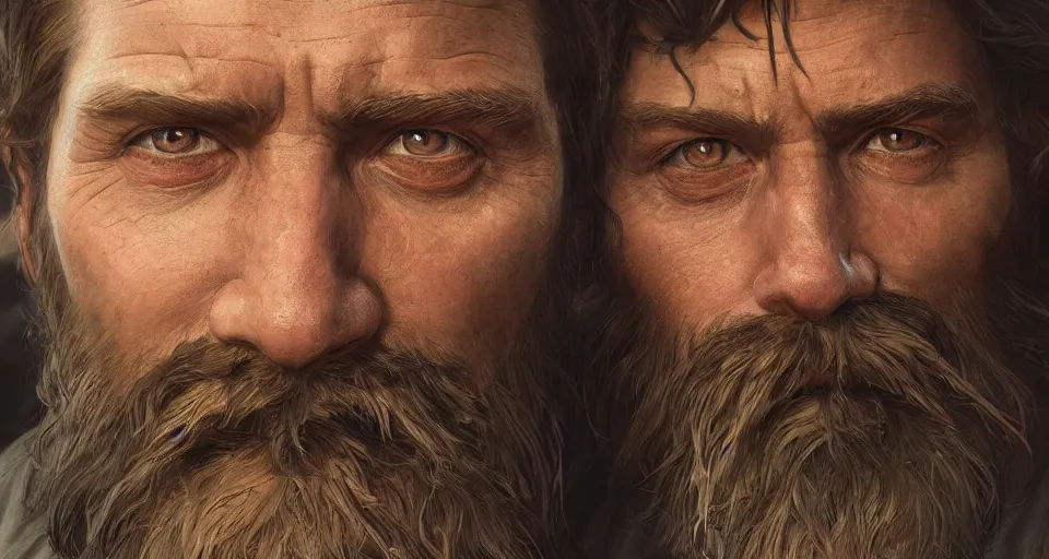 Prompt: close up portrait painting of a bearded survivor, ultra realistic, concept art, intricate details, serious, highly detailed, photorealistic, octane render, 8 k, unreal engine. art by artgerm and greg rutkowski and alphonse mucha