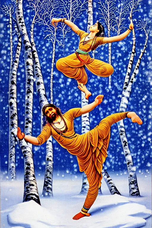 Prompt: ivan shishkin style nataraja dancing in a winter birch grove and raising snow clouds during a solar eclipse, visionary art style