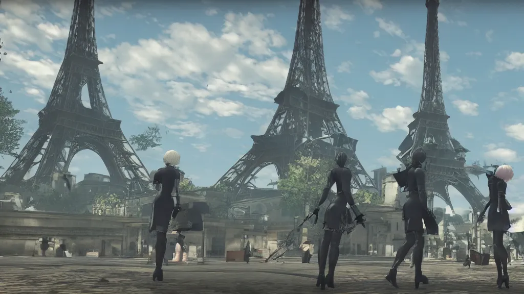 Prompt: Screenshot from Nier Automata, near the Eiffel tower in Paris