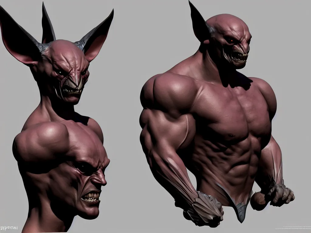 Image similar to game concept art, muscular, chiroptera head, chiroptera ears, amphipod, hyperrealism, artstation, cgsociety, zbrush, no background