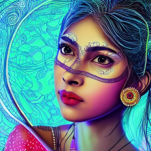 Image similar to the face of a ridiculously beautiful and pretty indian woman partially made of onion rings of all colors looking up, an ultrafine detailed illustration by james jean, final fantasy, intricate linework, bright colors, behance contest winner, vanitas, angular, altermodern, unreal engine 5 highly rendered, global illumination, radiant light, detailed and intricate environment