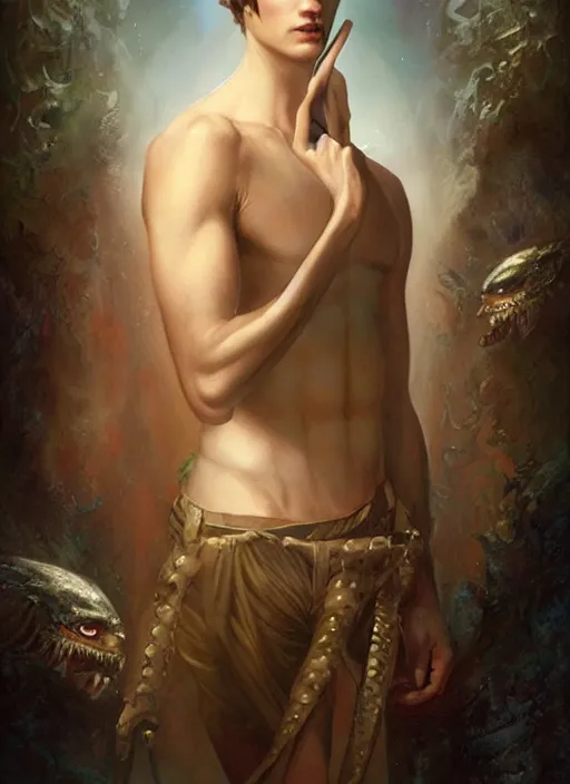 Image similar to a magical portrait of the young god of masculinity, art by tom bagshaw and greg danton and manuel sanjulian