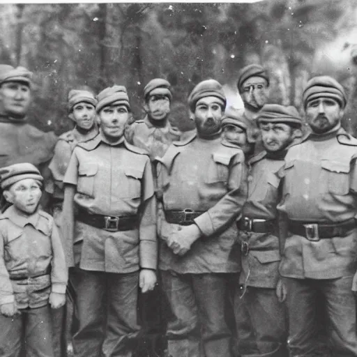 Image similar to the first meeting of the expeditionary detachment of Emelyan Khabarov with the gnomes of the Sikhote-Alin Range, the colors of the photograph have been restored