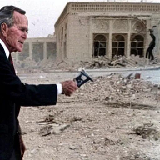 Image similar to George H.W. Bush destroys Iraq, historical photo