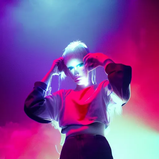 Image similar to A portrait of Grimes on stage DJing, neon lights in the background, volumetric lighting, 35mm photography