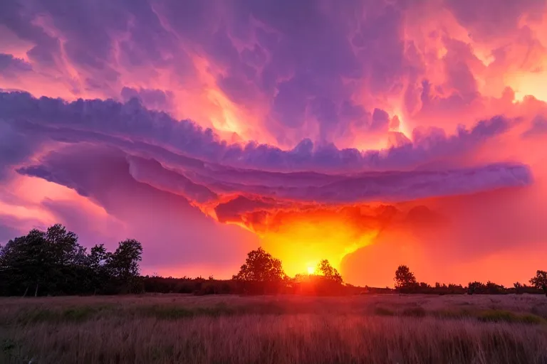 Prompt: a photo of a supercell thunderstorm, illuminated from various angles by the setting sun, cinematic