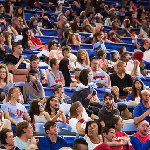 Image similar to audience at baseketball game looks upset, pointing, covering mouth