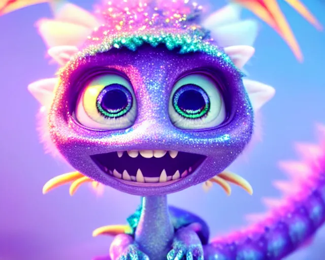 Image similar to a cute cute baby dragon, big eyes, soft fur texture, pastel colours, colorful, shiny glitter crystals, cute, adorable, pixar animation style, detailed, soft light, octane render, cute, 4 k,