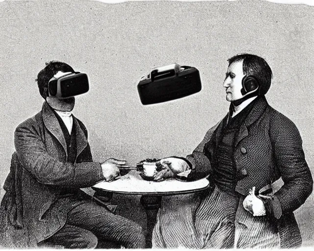 Image similar to an early 1800s photo of someone with a virtual reality headset, a tablefull of Big Macs behind them