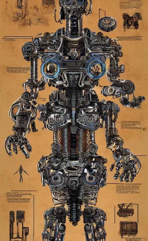 Prompt: anatomy of the terminator, robot, cyborg, t 1 0 0, steampunk, bloodborne diagrams, mystical, intricate ornamental tower floral flourishes, rule of thirds, technology meets fantasy, map, infographic, concept art, art station, style of wes anderson