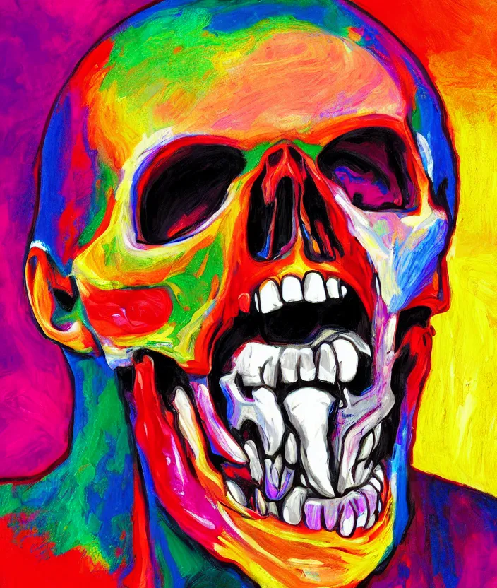 Image similar to a colorful portrait painting of a screaming man with a skull as his head, in the style of stephen gibb, digital art, 4 k,