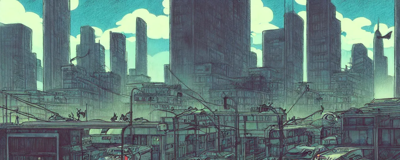 Prompt: lofi downtown vibes, with charcoal and pastel; downtown buildings in the foreground, in studio ghibli style; little dinosaur creatures in the foreground, by Vincent Di Fate; the background is battle mountain