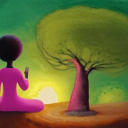 Prompt: a black girl with a colorful afro and big colorful eyes meditating in an african zen garden with a baobab tree at sunset, bright colours, bokeh!!, watercolor, volumetric wool felting, macro photography, children illustration, by goro fujita