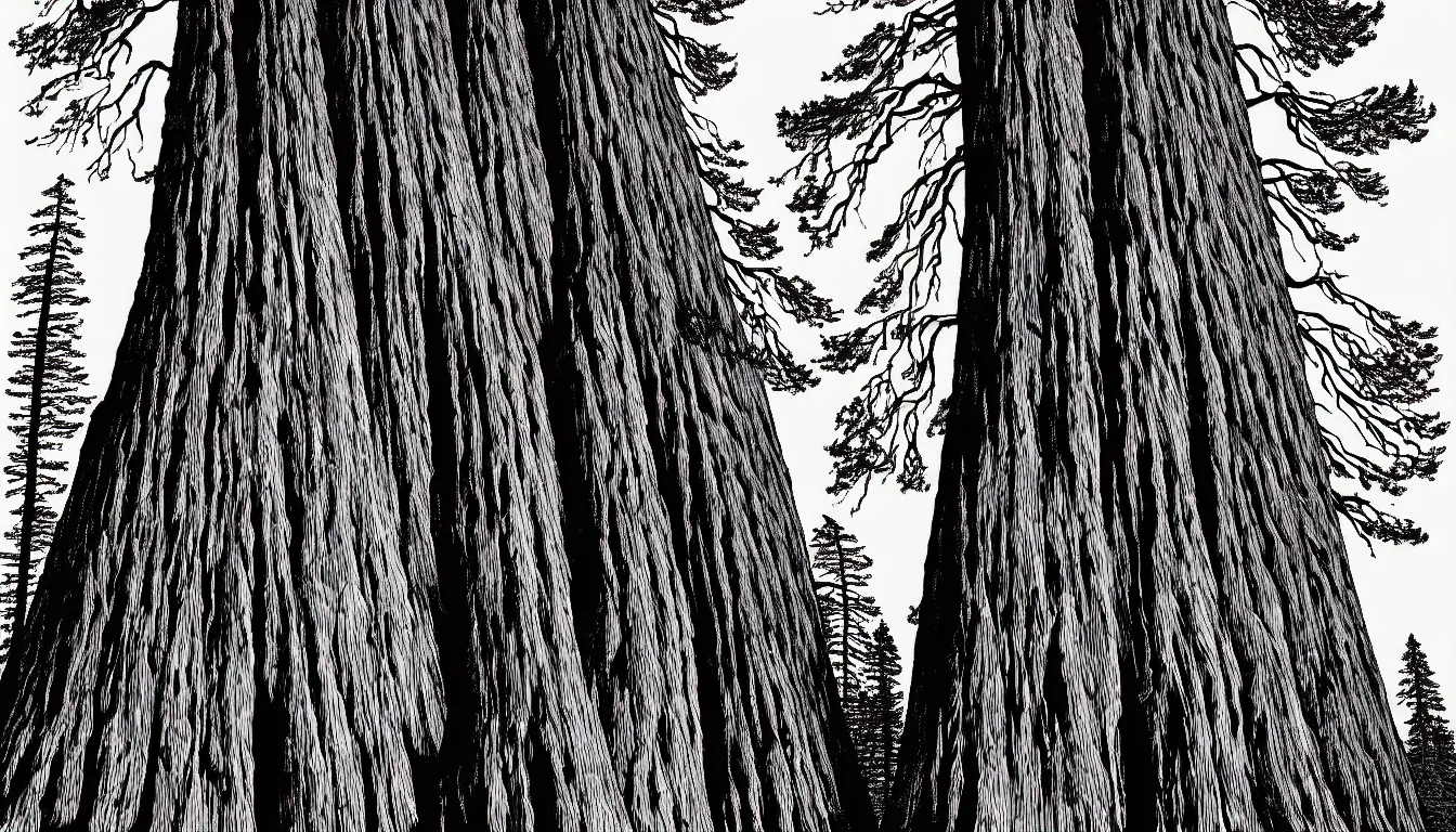 Image similar to giant sequoia by dan mumford and peter doig and edward hopper, symmetrical, minimal, black ink, thick lines highly detailed, muted colours 8 k