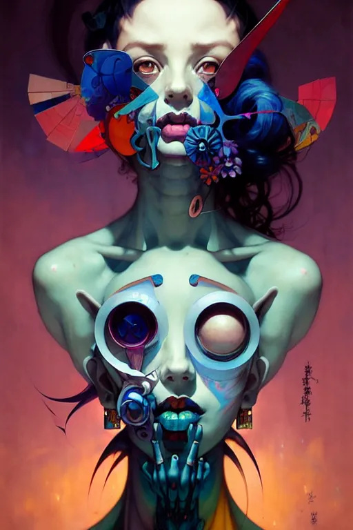 Prompt: portrait, patchwork doll, japanese gothic sytle, macabre horror, blue hour, expressive, asymmetrical art, hyperrealism, colorful, vivid, imposing, epic, abstract texture, artstation, concept art, by peter mohrbacher and wlop and rhads and artgerm and magali villeneuve and alphonse mucha