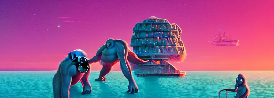 Prompt: antropomorphic apes flexing party on luxury yacht, pixel art, sexy colors, art by mike winkelmann