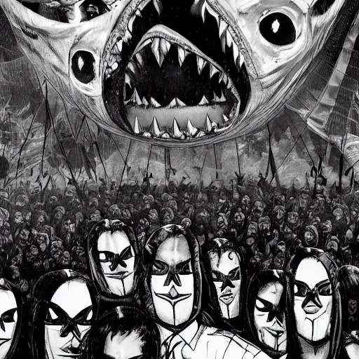 Prompt: Jaws dropped. Heads turned. Eyes widened in surprise as shady eight-eyed men squelched through the crowd and disappeared up into the sky, their faces hidden by masks. The tent is full of people, all staring at the sky above them and waiting for more to come flying out.