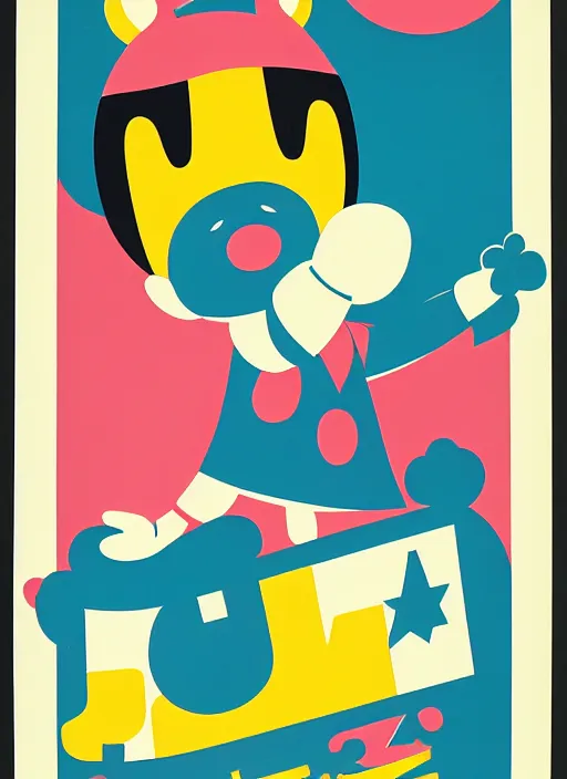 Image similar to Polish posters for Isabelle from Animal Crossing. Screen printed, silkscreen, two-tone paper texture. 1968