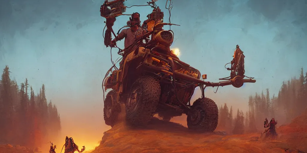 Image similar to native indian on atv attacking bufallos, action scene, an epic fantasy, dramatic lighting, cinematic, establishing shot, extremely high detail, photorealistic, cinematic lighting, artstation, octane render, by simon stalenhag, horizon forbidden west and futuristic western