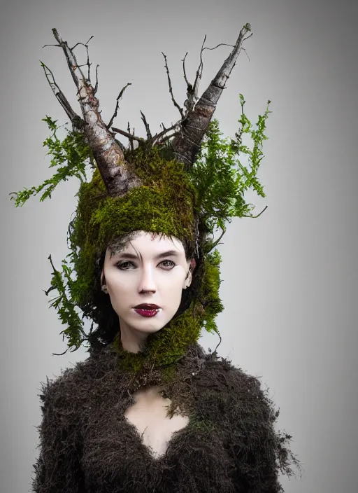 Prompt: a photo of a female model, orgnic headpiece, vines, horn, moss, fashion photography, realistic, hyperdetails, dark grey backdrop studio, tree bark and moss costume, body with paint