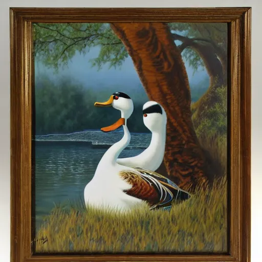 Prompt: a duck on the prowl oil painting john armleder