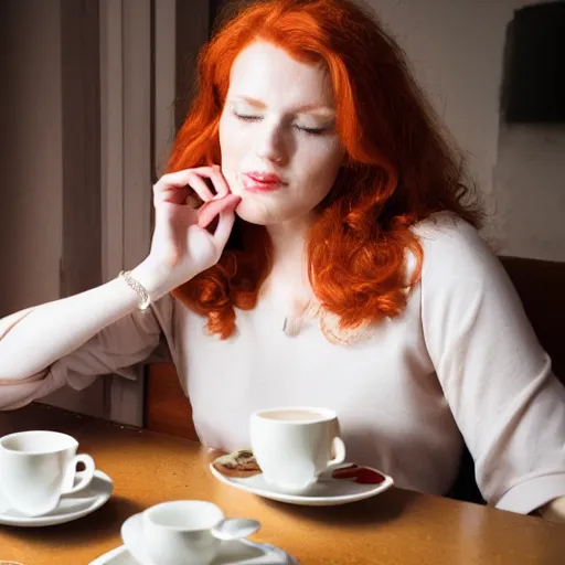 Prompt: hasselblad photo of redhead woman drinking steamy latte in dimly lit coffee shop, wearing elegant jewellery, relaxed pose, cosy, happy, 8 k, wlop