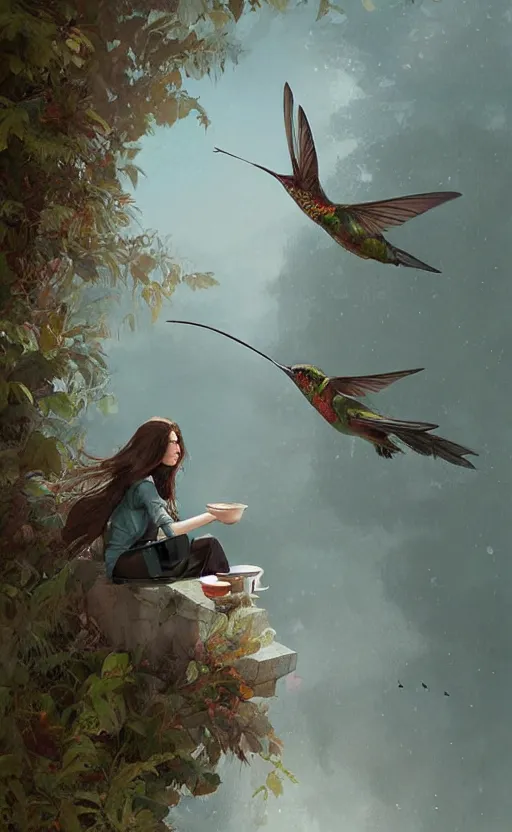 Image similar to woman with brown hair sipping tea as a humming bird flies by, concept art, fantasy, highly detailed, cinematic lighting, digital painting by greg rutkowski