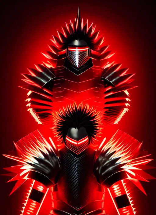 Image similar to a striking cinematic full body manga portrait of a long black haired masked male teenager wearing imposing red jagged spiked plate armour and glowing with raging powerful red energy by hirohiko araki and beeple, fine details, digital art, character concept art, volumetric lighting, cinematic light, photorealistic