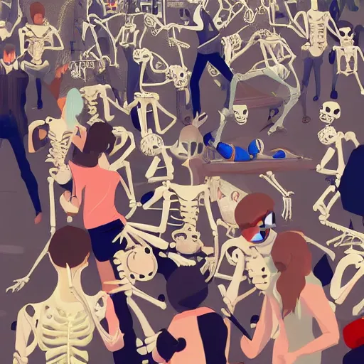 Prompt: a crowd composed by skeletons dressed funnily fight to have the an Iphone in a store of London, 2d, ultra highly detailed, digital painting, smooth, sharp focus, artstation, pixiv, art by Ilya Kuvshinov