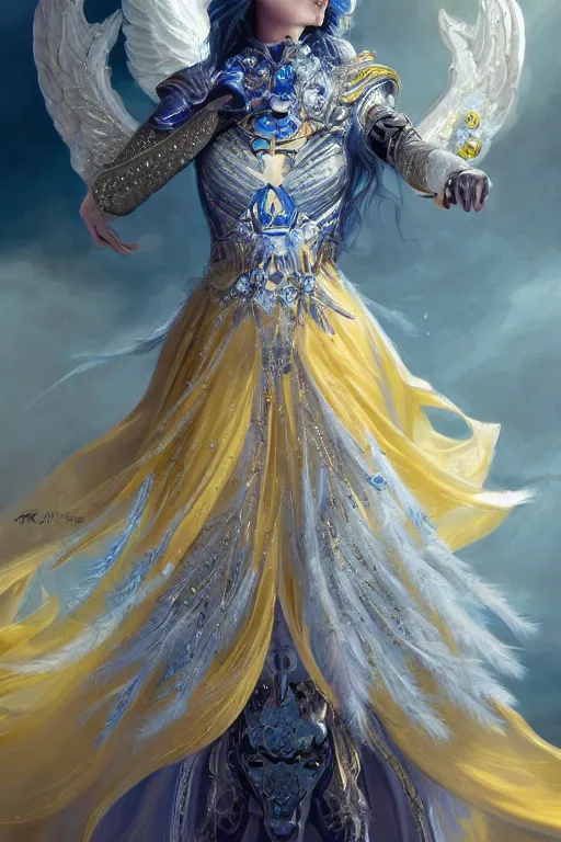 Prompt: beautiful princess wearing crystal white feathers, king sorcerers, ornate, blue and silver, armor, robes, diamonds, angel, fantasy, yellow background beam, dramatic lighting, highly detailed, digital painting, magic the gathering, 3 d render, hyper realistic detailed portrait, peter mohrbacher, wlop, ruan jia