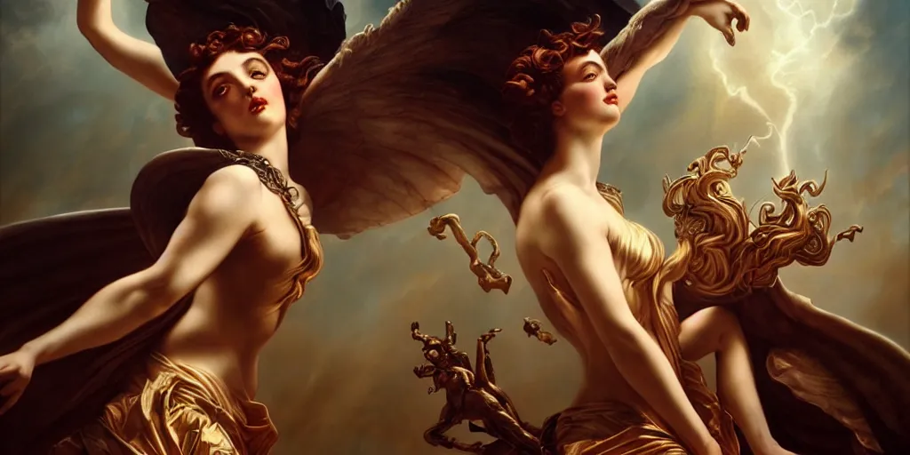 Prompt: greek mythology, by Rolf Armstrong and Evelyn De Morgan and Bastien Lecouffe-Deharme, dramatic lighting, high contrast colors, baroque, empyrean, panoramic view, as trending on Artstation, highly detailed, doom engine,