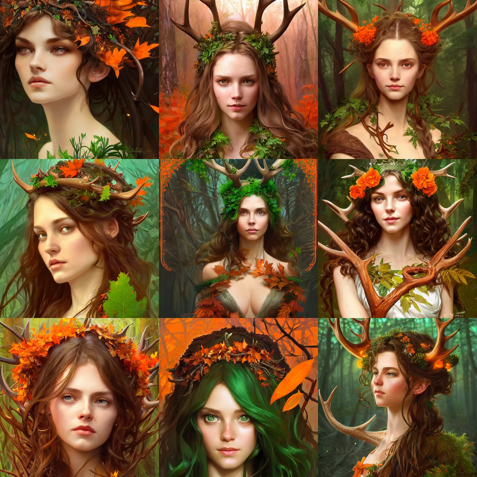 Prompt: beautiful digital painting of freya allen wooden antlers on her head brown curly hair with orange leaves forest in the background d & d fantasy intricate big beautiful green eyes cinematic lighting highly detailed digital painting artstation concept art smooth sharp focus illustration art by artgerm and greg rutkowski and alphonse mucha